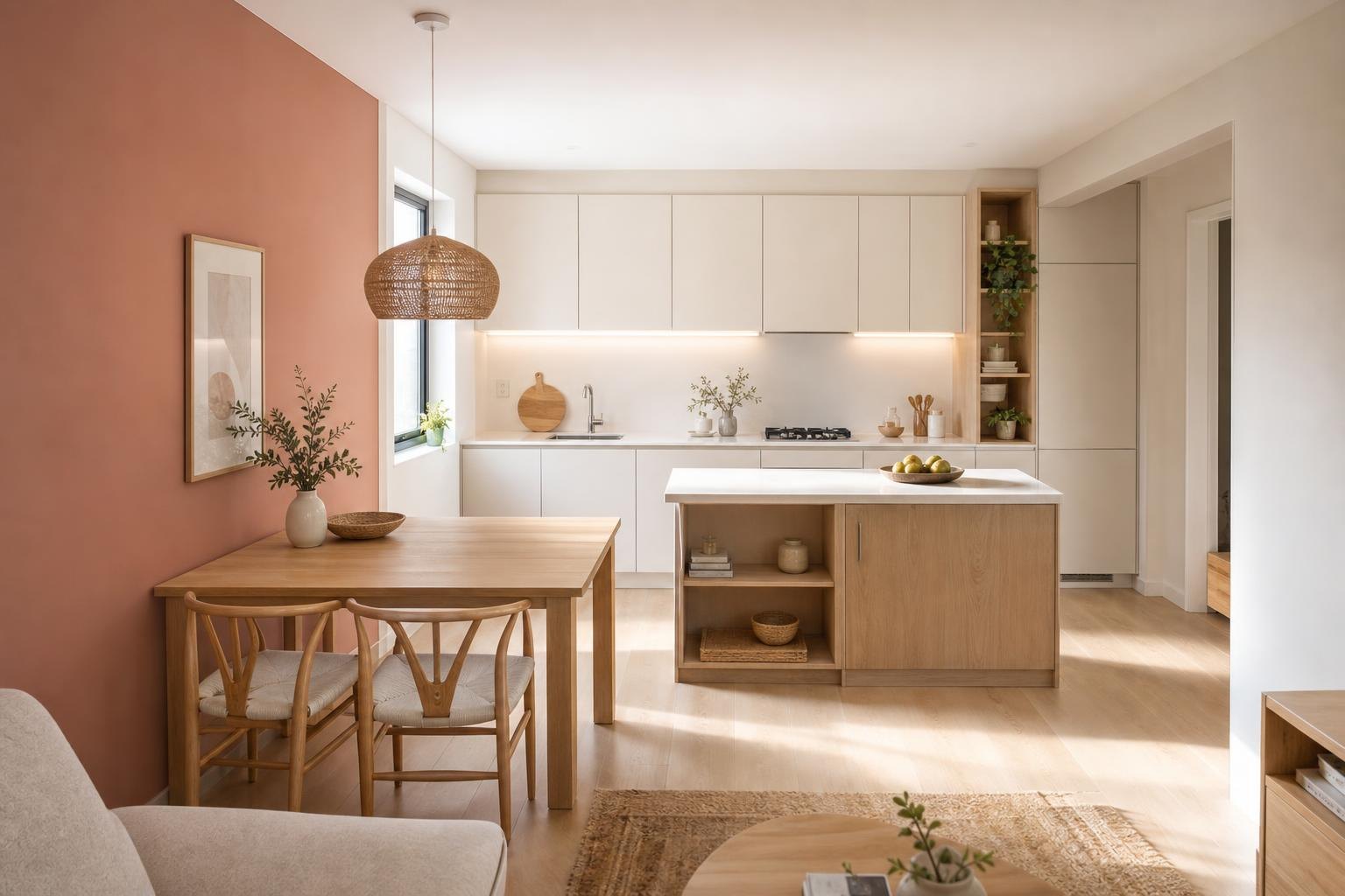 Pièce de vie contemporaine : cuisine blanche avec îlot en chêne, table en bois, mur terracotta et suspension en osier