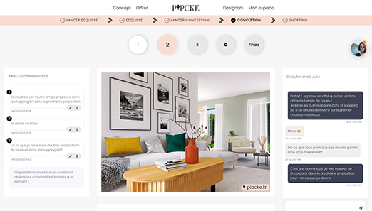 visuel 3D d'un séjour chaleureux et cosy en collaboration avec une décoratrice d'intérieur en ligne