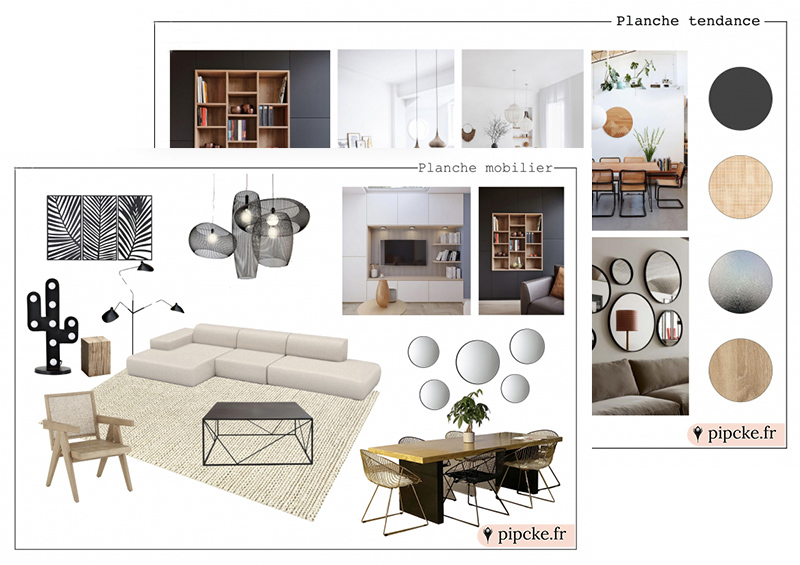 composition d'une planche d'ambiance et d'une planche mobilier réalisées par un architecte d'intérieur en ligne