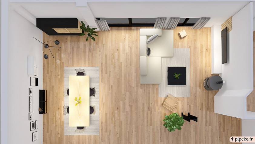 plan 3D d'un séjour moderne contemporain
