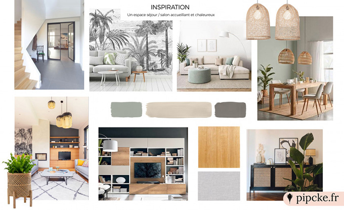 planche d'ambiance d'un séjour chaleureux et cosy réalisée par une décoratice d'intérieur